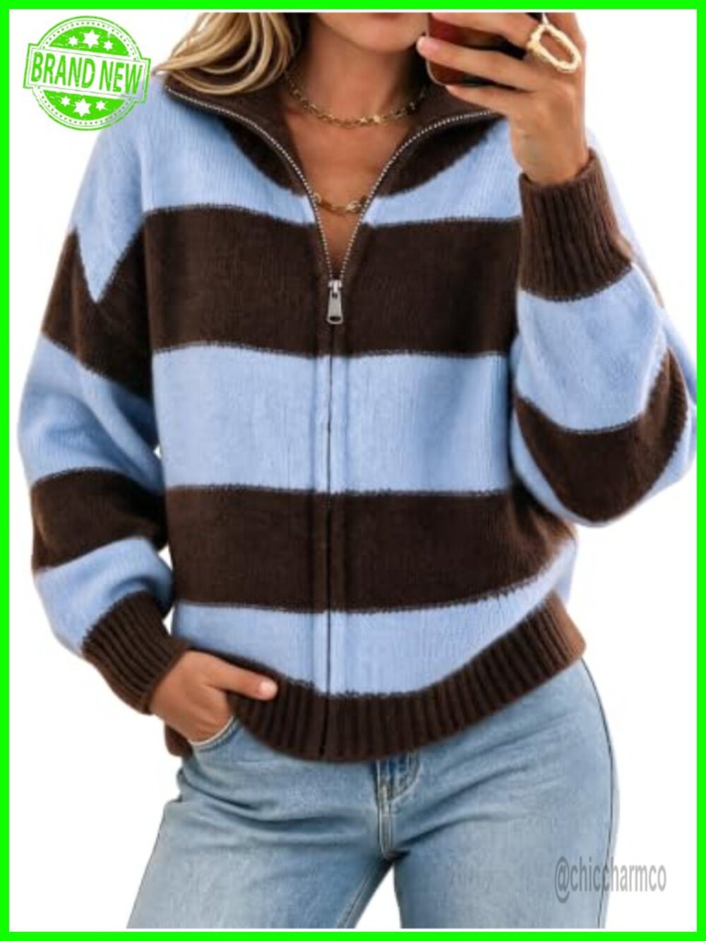 Women's Striped Color Block Zip-Up Cardigan Long Sleeve Knit Sweater